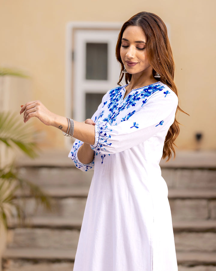 White Aari Work Kurta Set