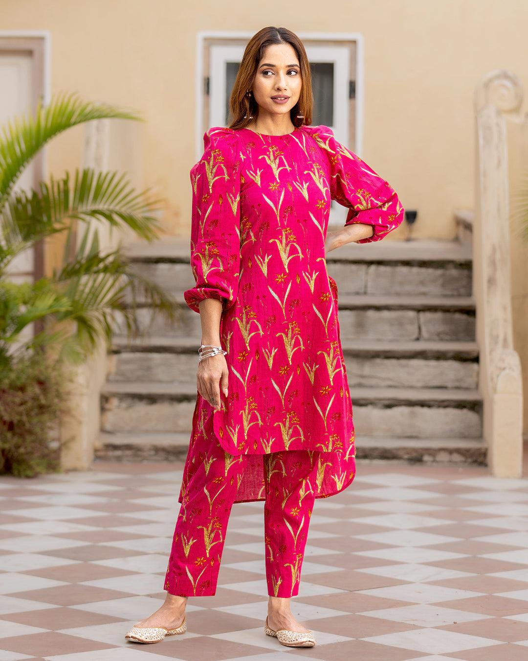 Fuschia Pink Floral Kurta Set