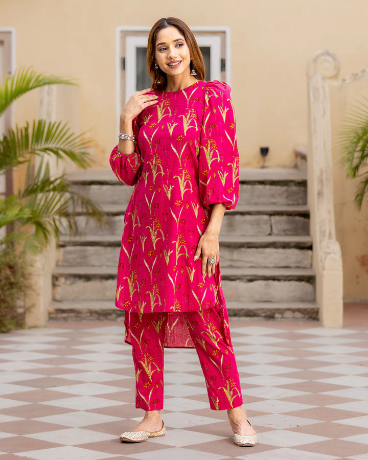 Fuschia Pink Floral Kurta Set