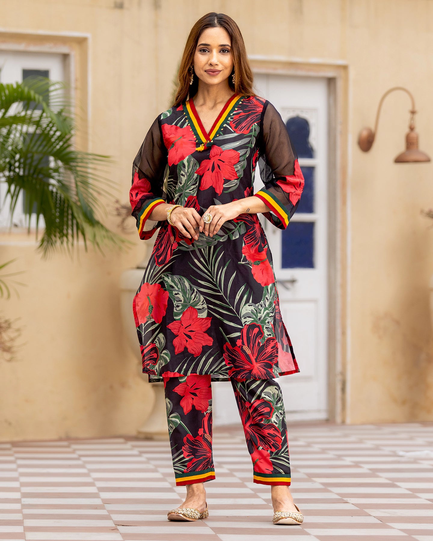 Trifecta black floral sheer kurta
