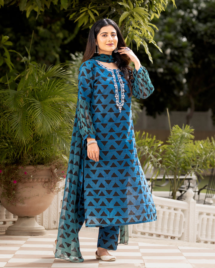 Blue Bagru Suit Set