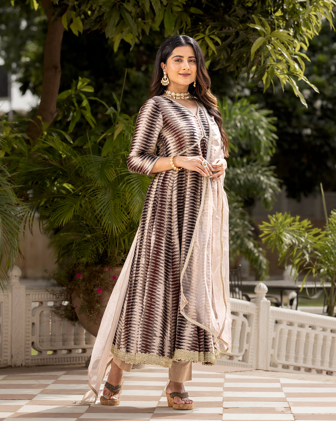 Beige Ajrakh Kalidaar suit set