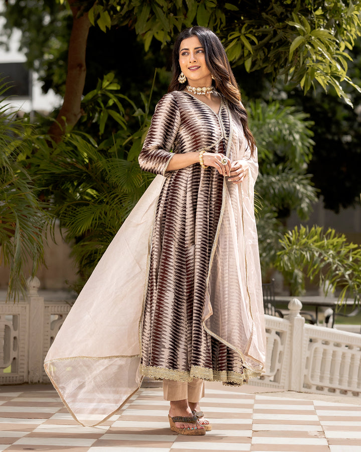 Beige Ajrakh Kalidaar suit set