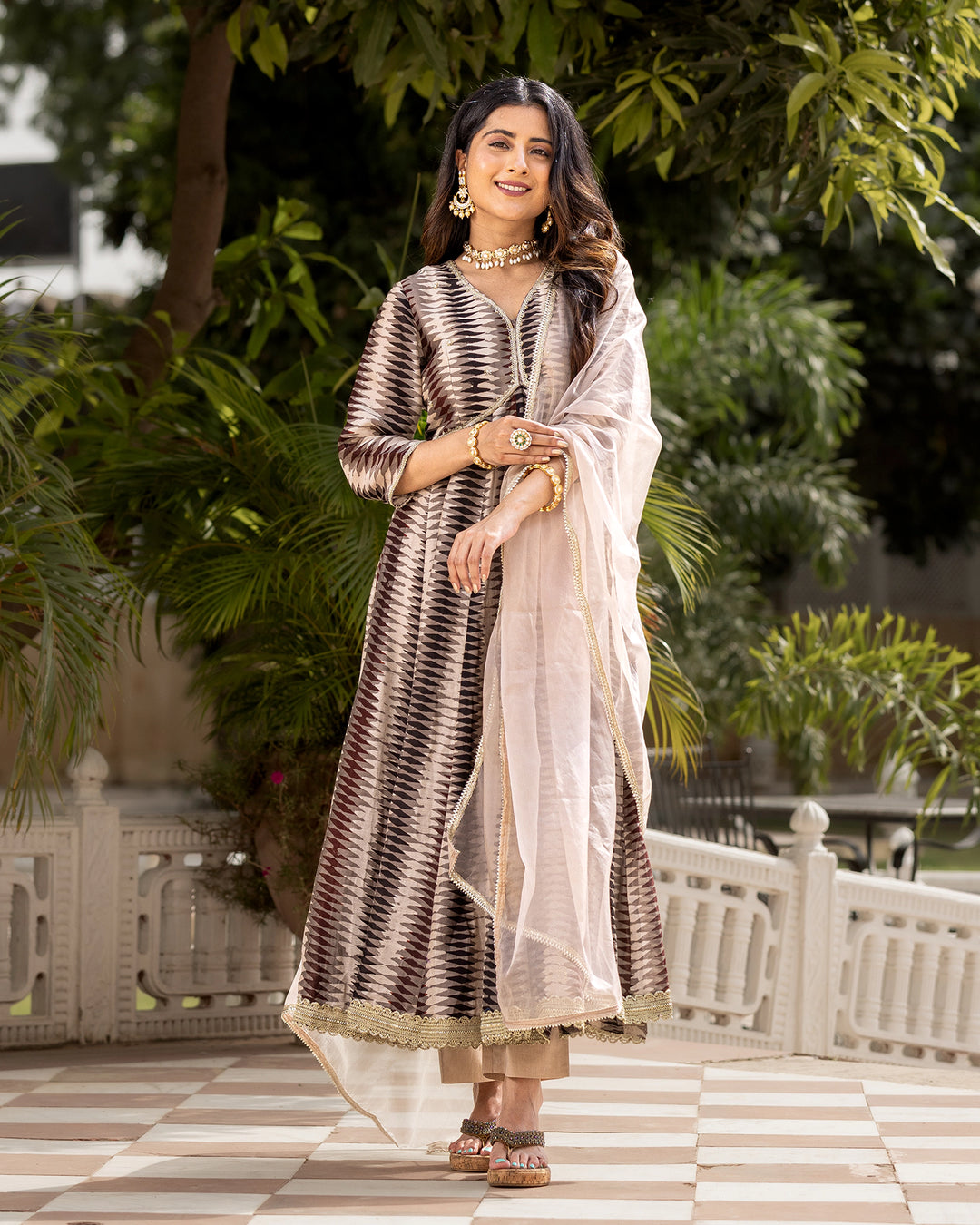 Beige Ajrakh Kalidaar suit set