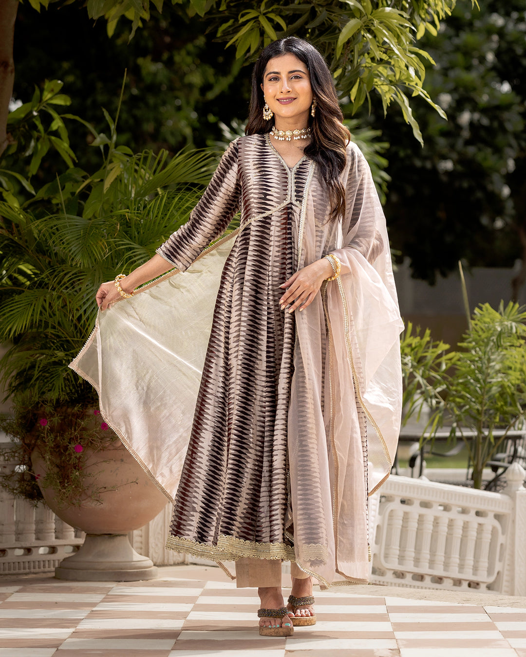 Beige Ajrakh Kalidaar suit set