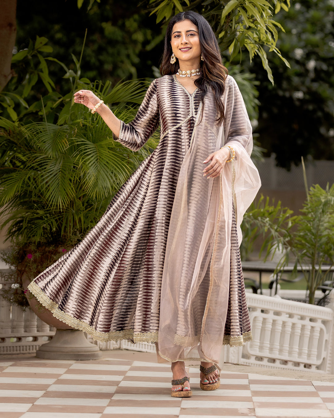 Beige Ajrakh Kalidaar suit set