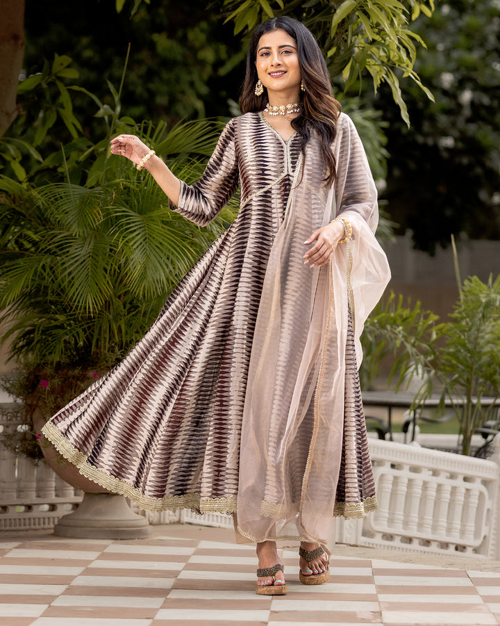 Beige Ajrakh Kalidaar suit set