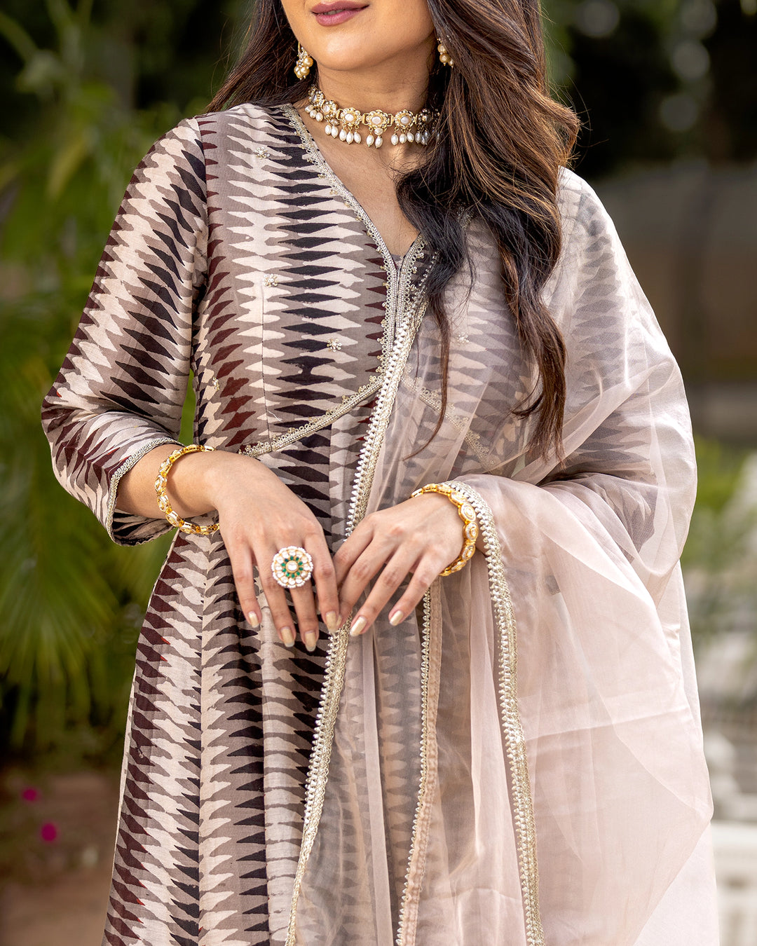 Beige Ajrakh Kalidaar suit set