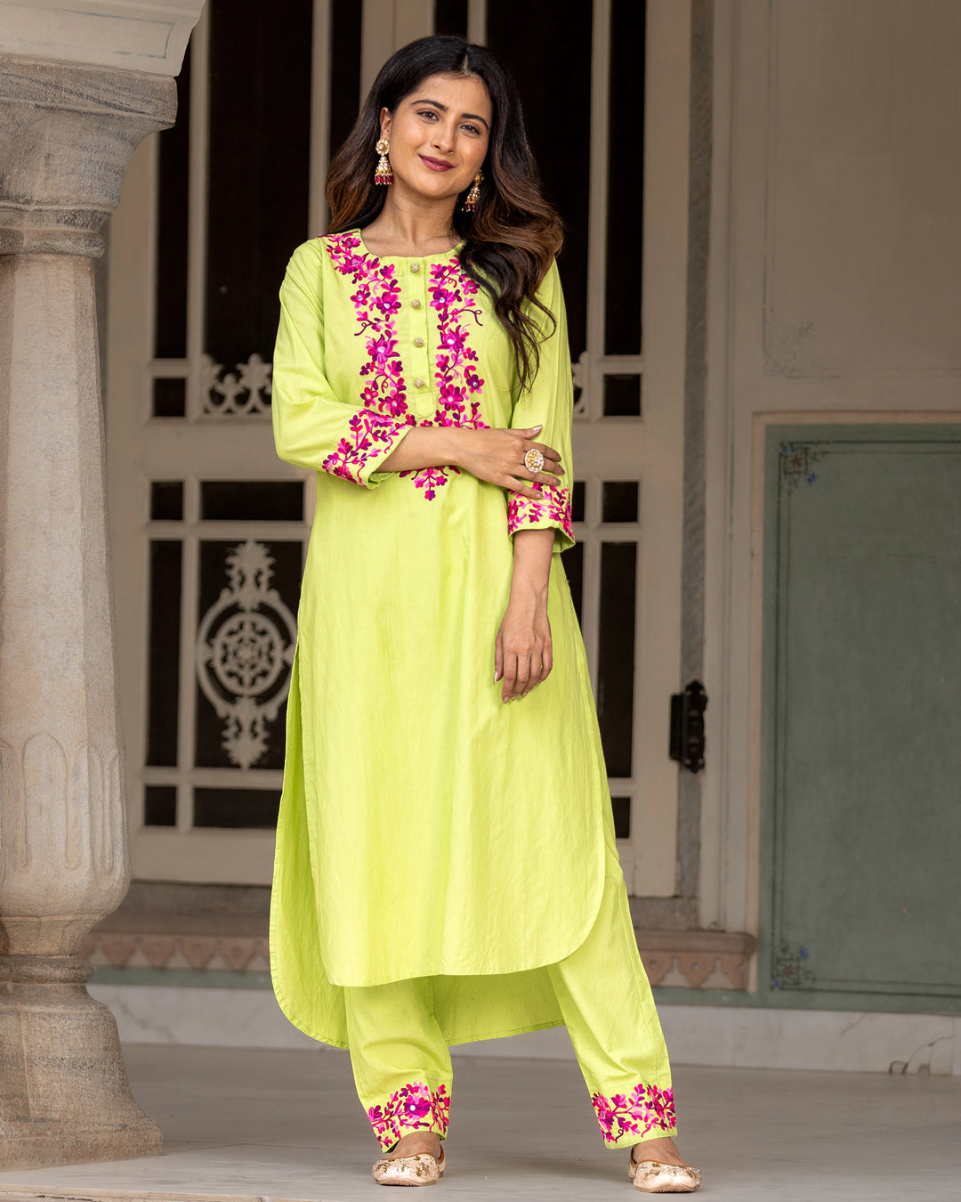 Lime Aari Work Kurta Set