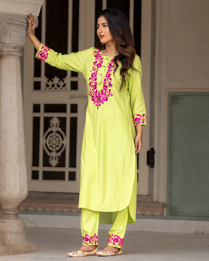 Lime Aari Work Kurta Set