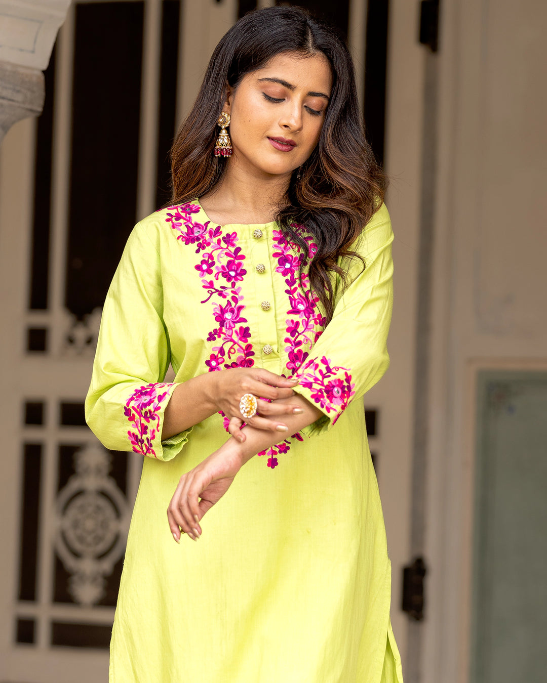 Lime Aari Work Kurta Set