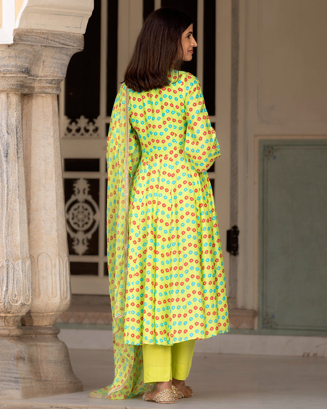 Neon Green Bandhej Anarkali Suit Set