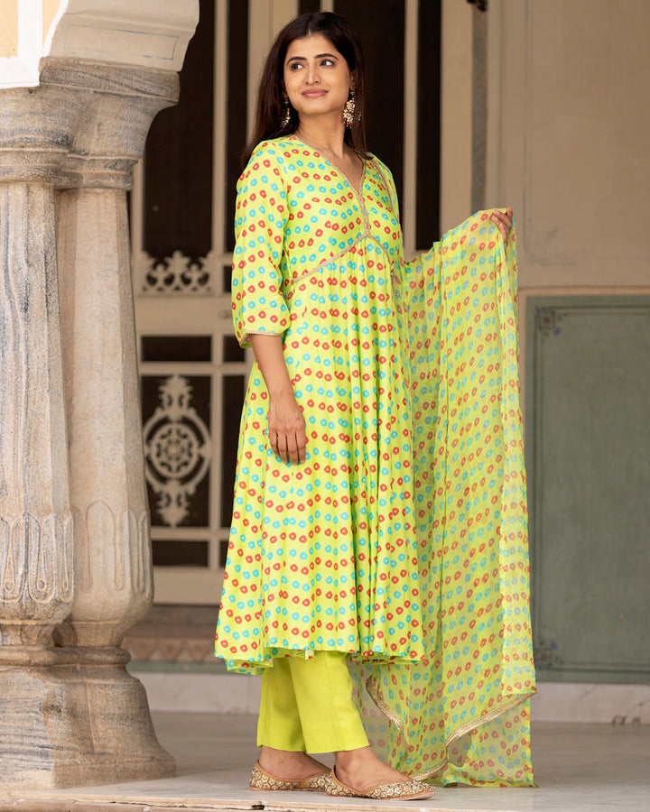 Neon Green Bandhej Anarkali Suit Set