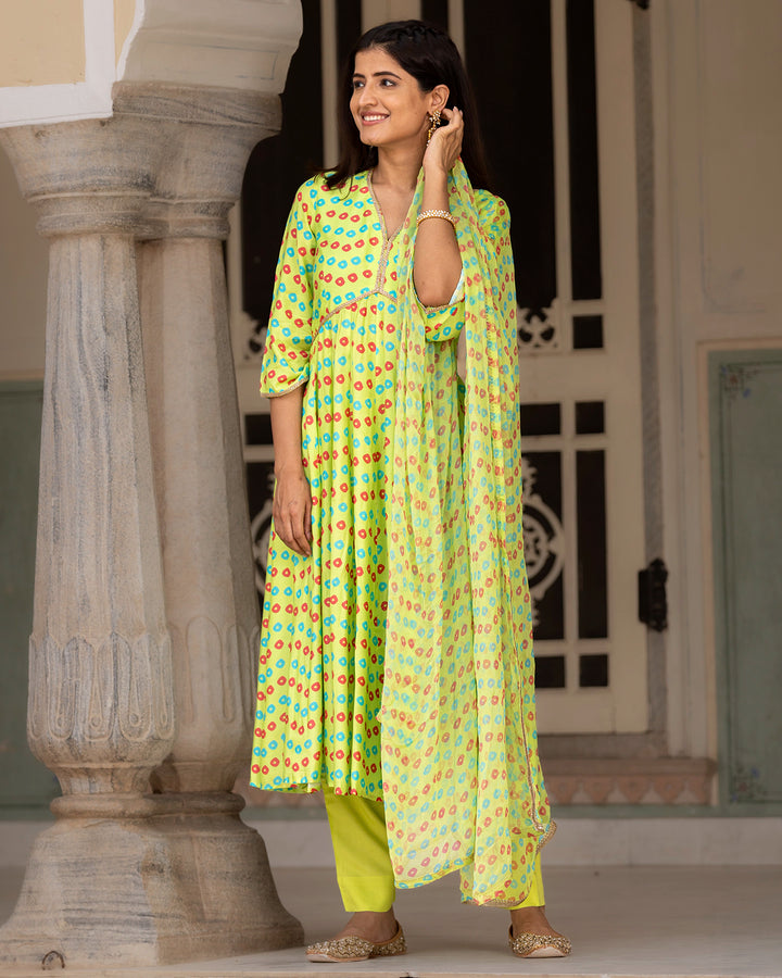 Neon Green Bandhej Anarkali Suit Set