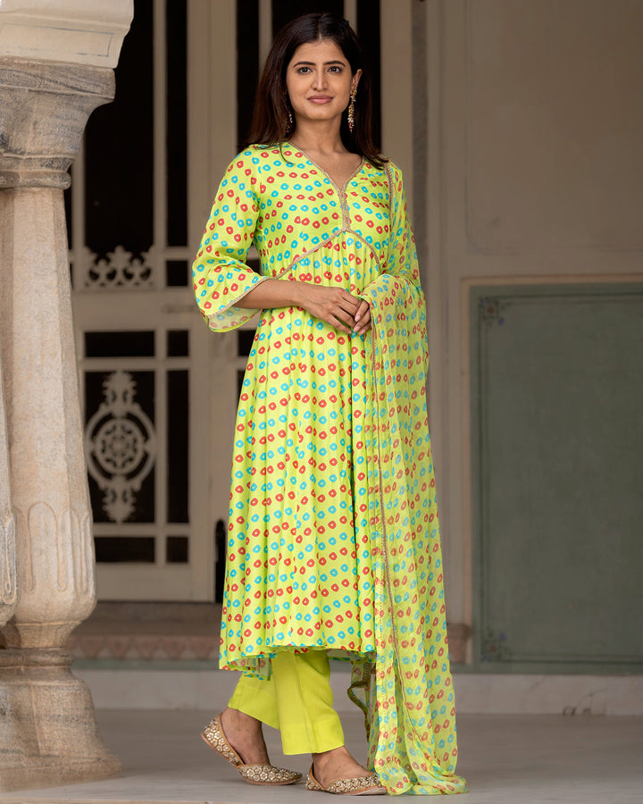 Neon Green Bandhej Anarkali Suit Set