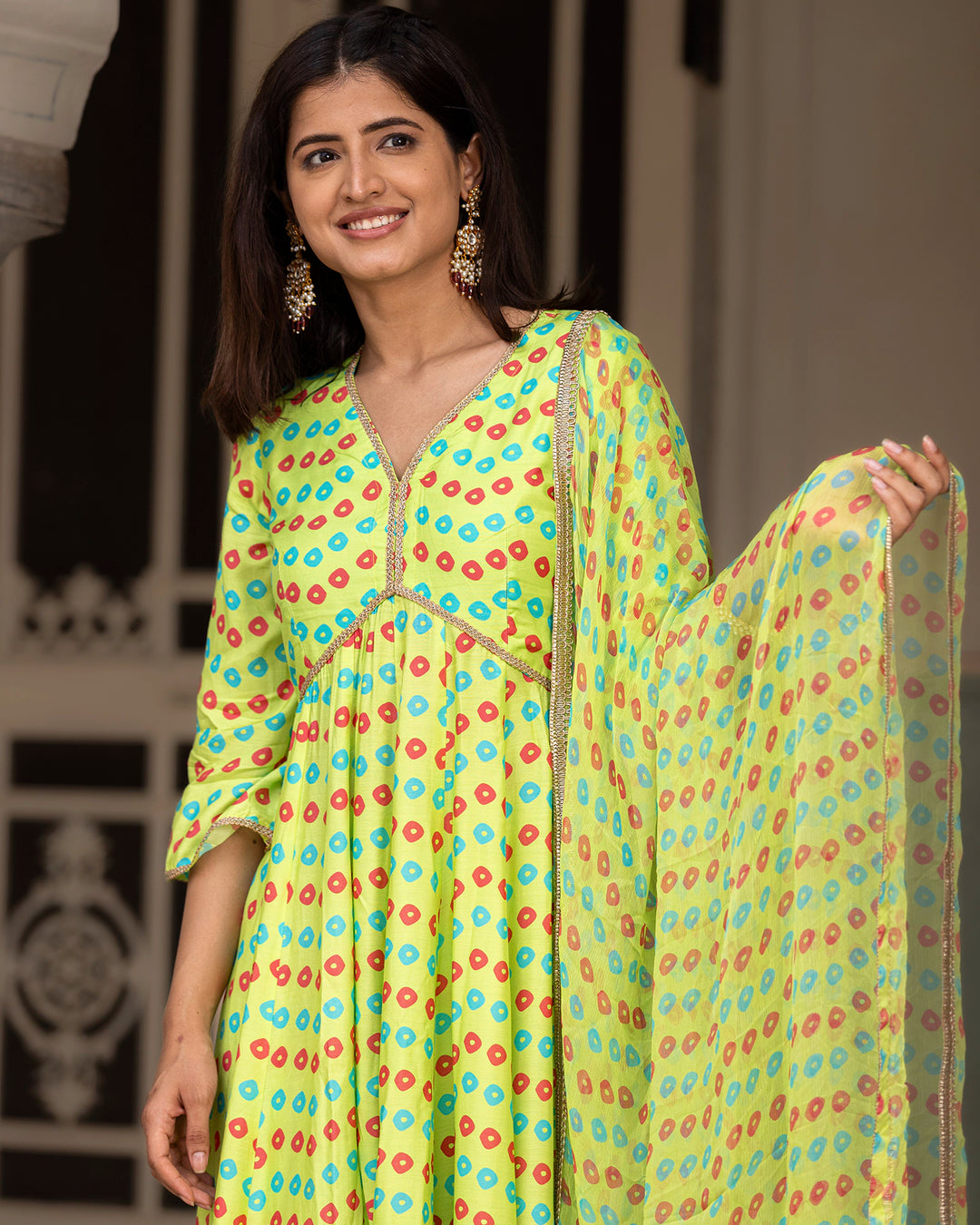 Neon Green Bandhej Anarkali Suit Set