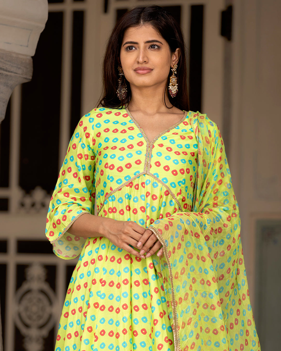 Neon Green Bandhej Anarkali Suit Set