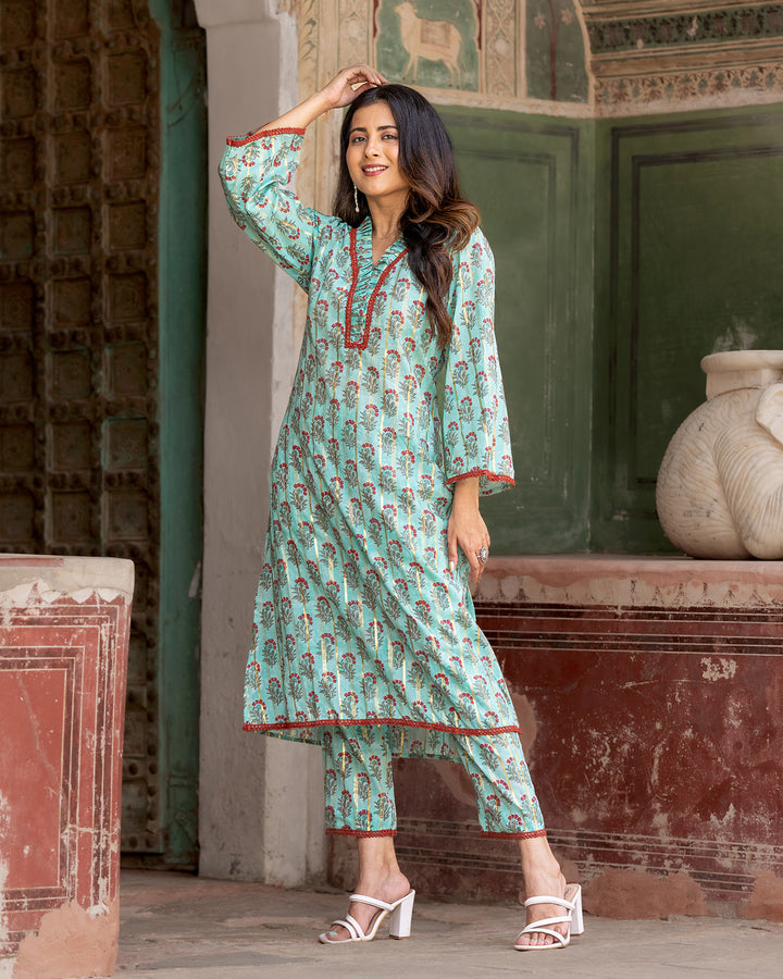 Pastel Green Floral Kurta Set