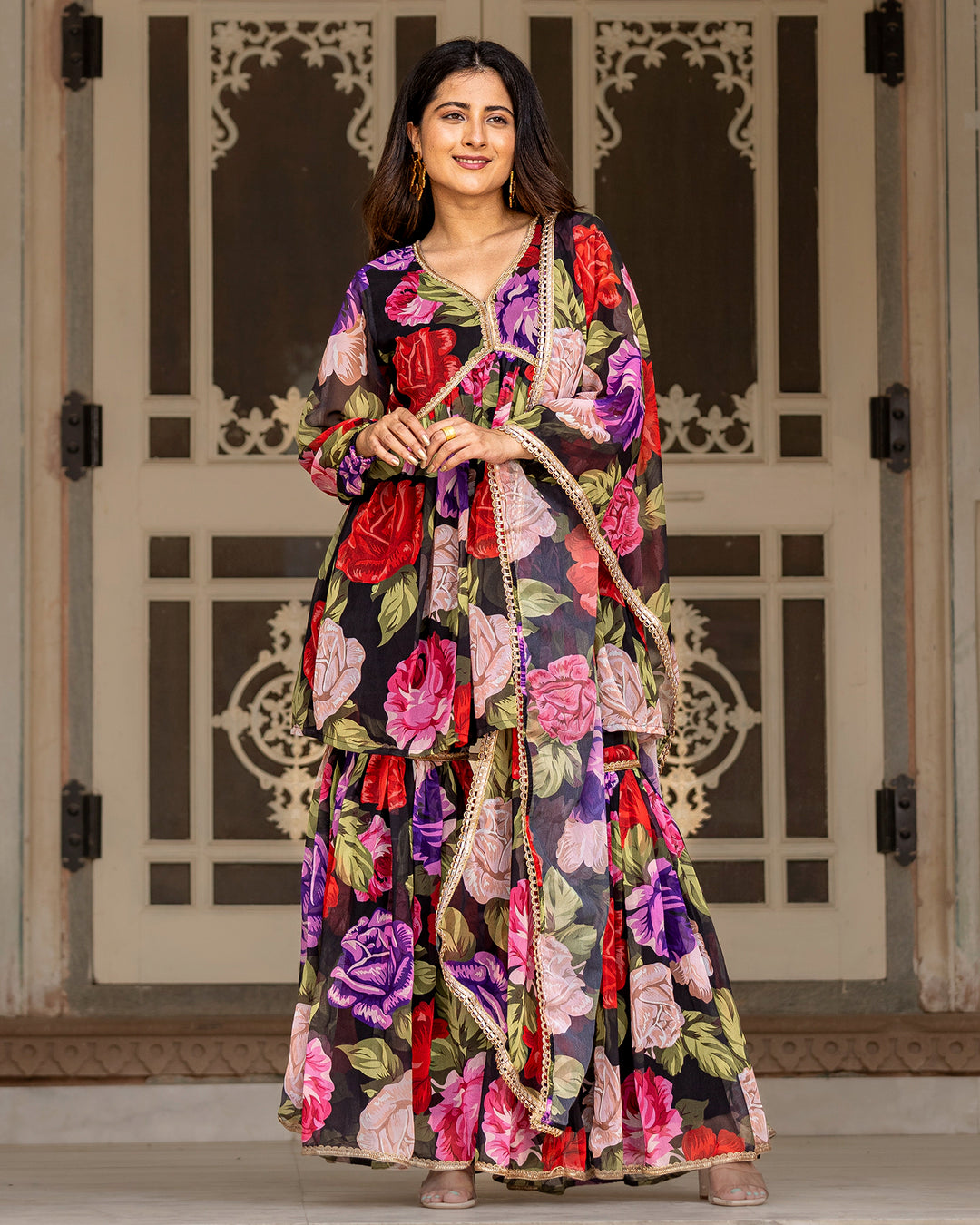 Black Floral & Gota Sharara Set