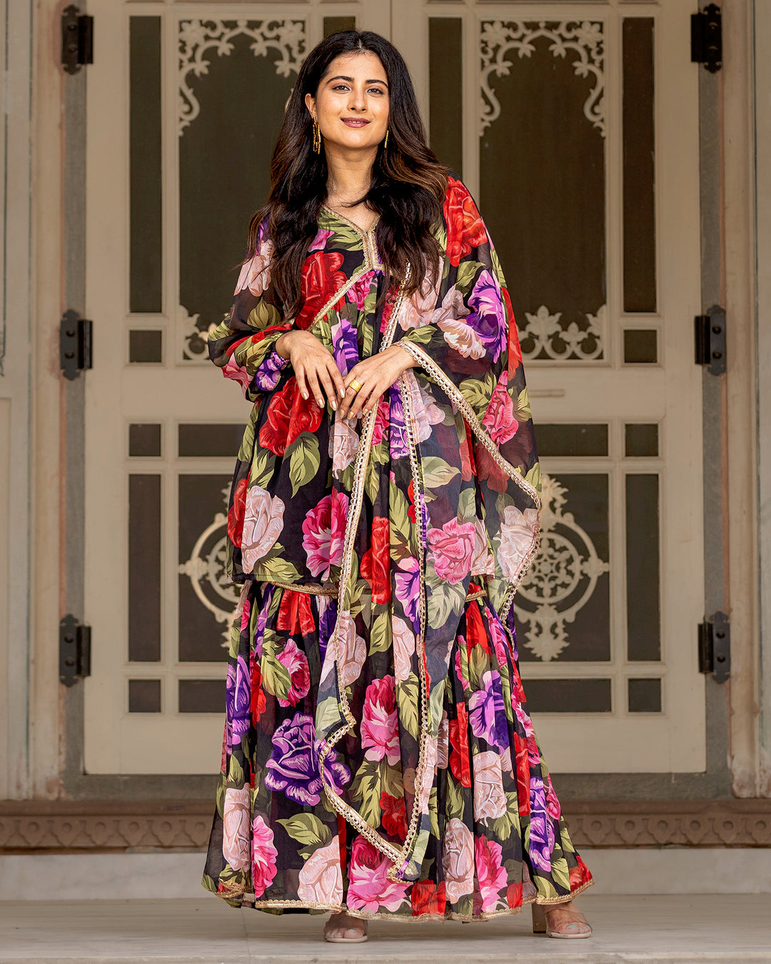 Black Floral & Gota Sharara Set