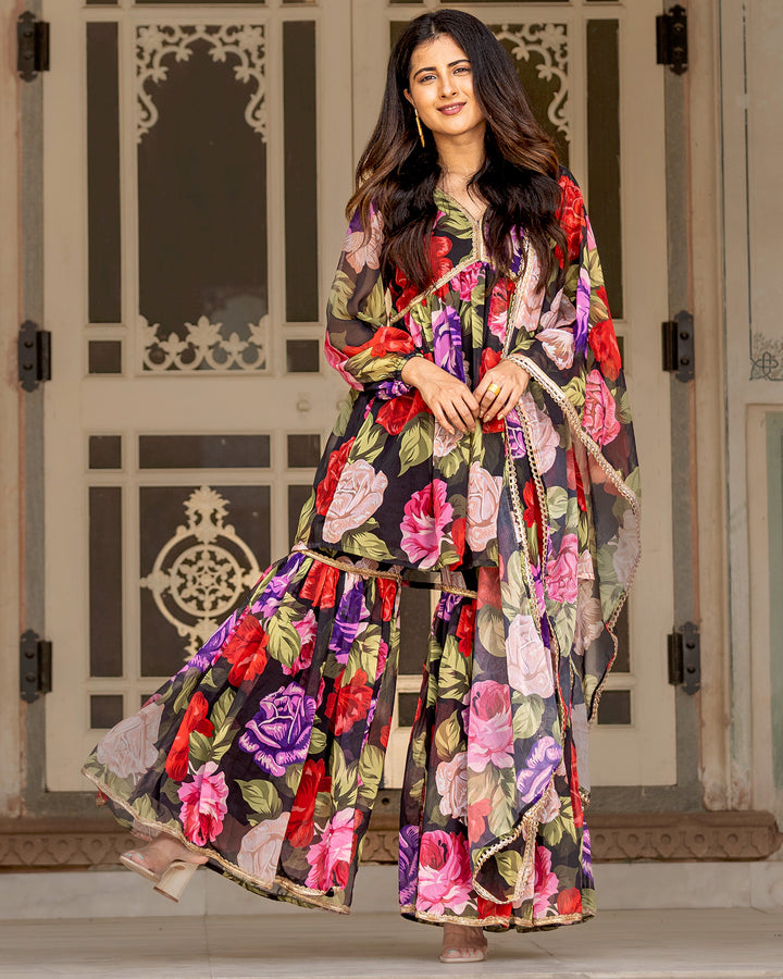 Black Floral & Gota Sharara Set