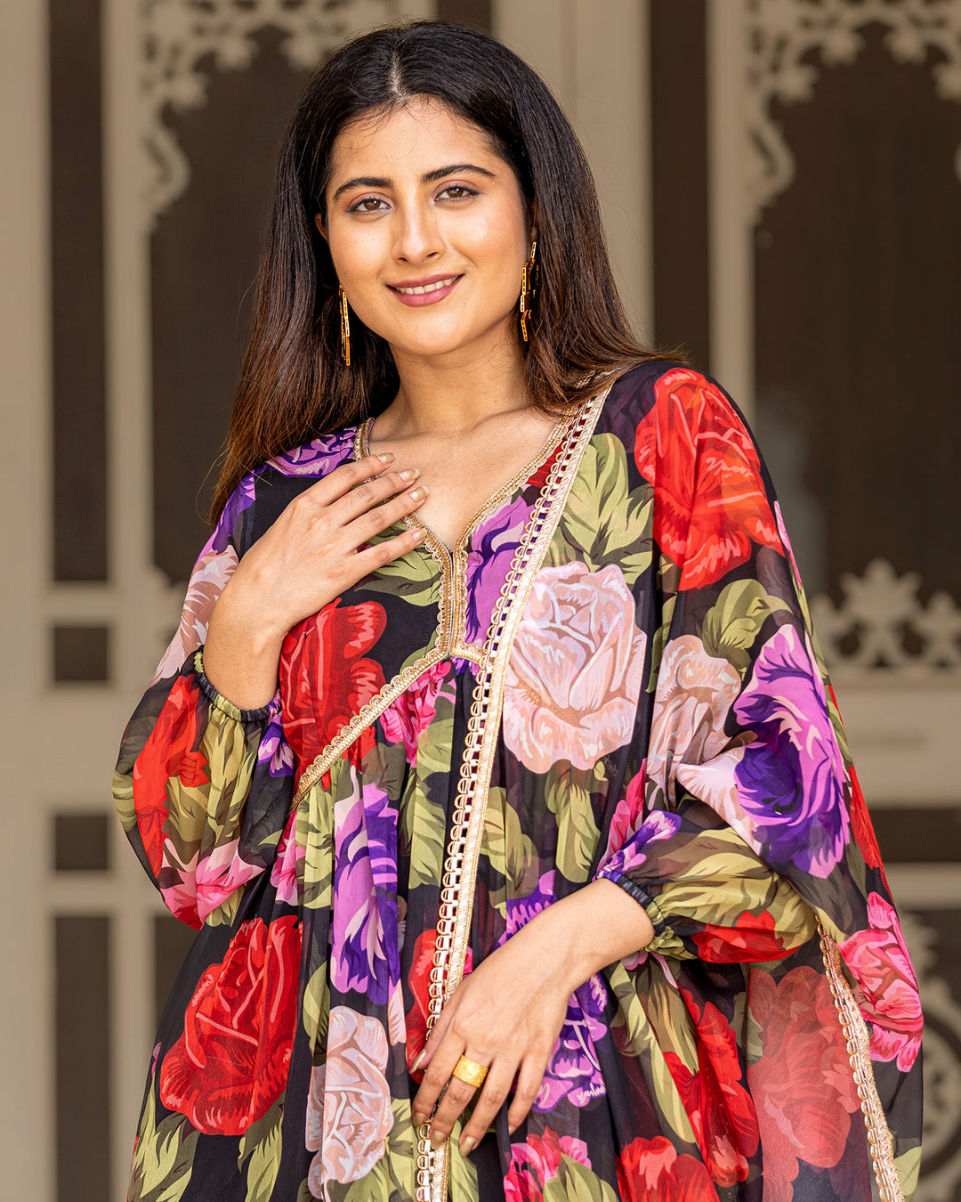 Black Floral & Gota Sharara Set