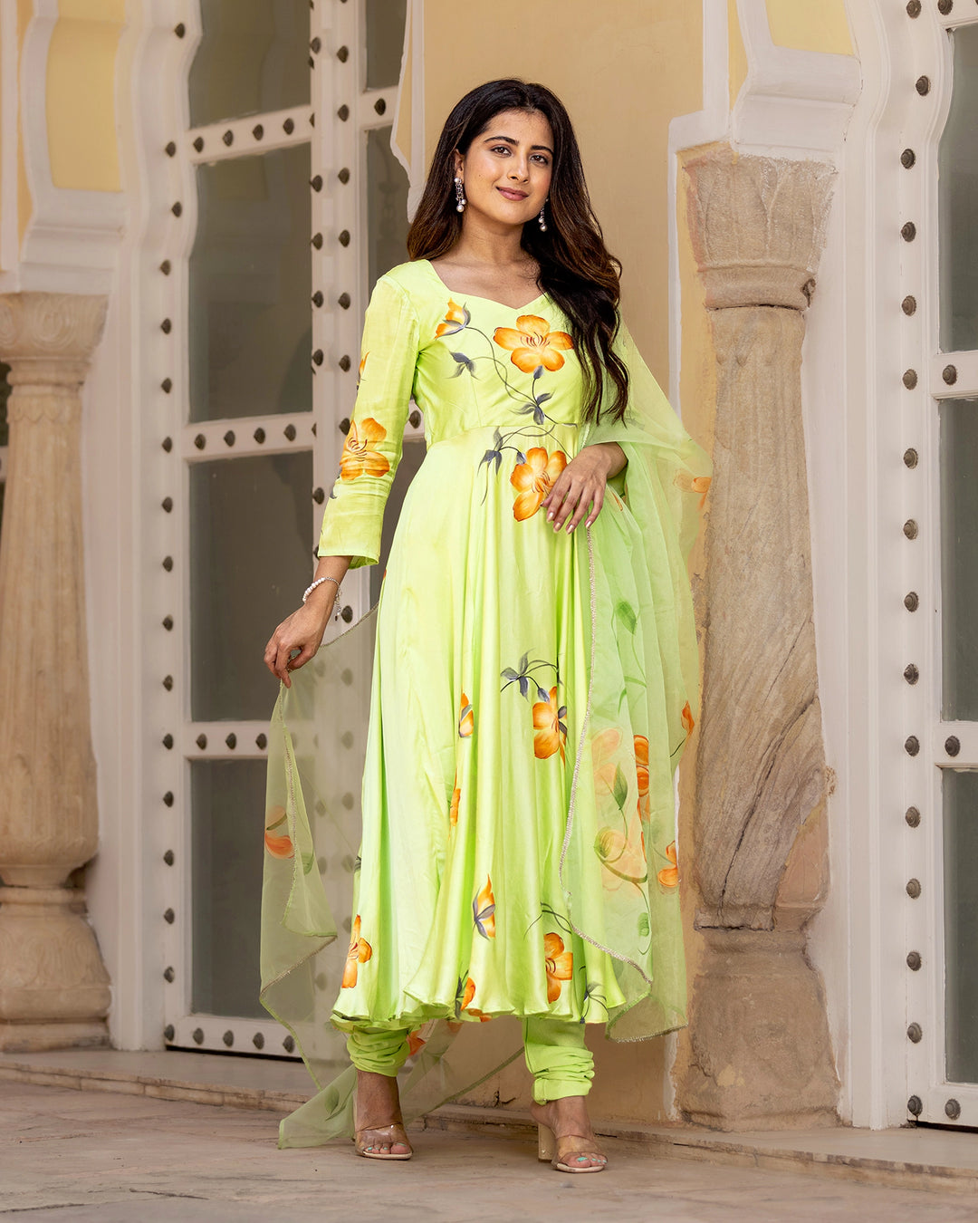 Green Handpainted Anarkali Suit Set