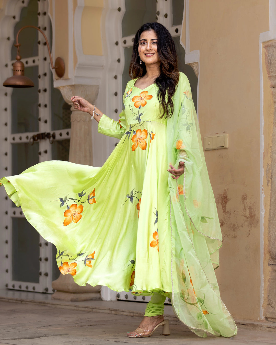 Green Handpainted Anarkali Suit Set