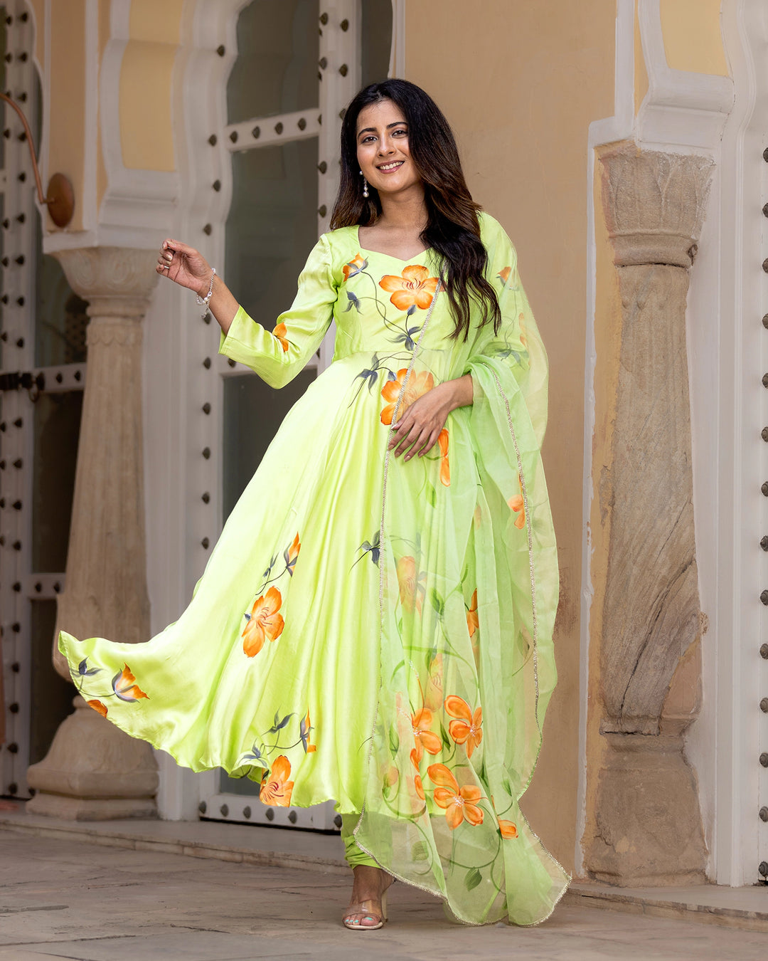 Green Handpainted Anarkali Suit Set