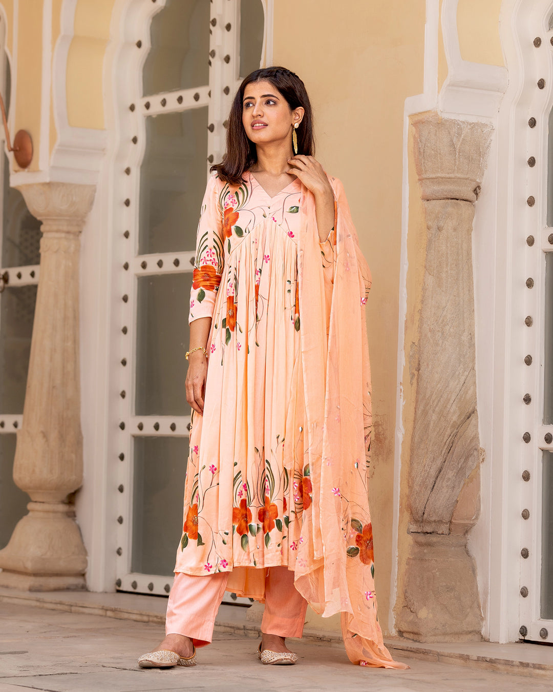 Peach Handpainted Anarkali Suit Set