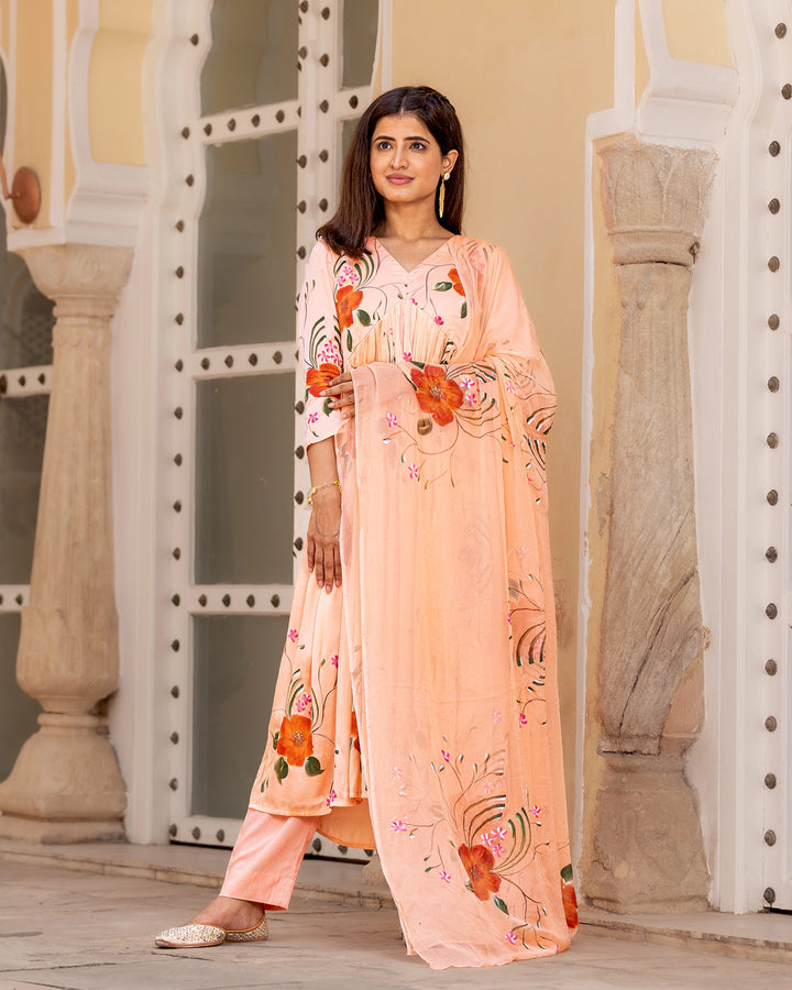 Peach Handpainted Anarkali Suit Set