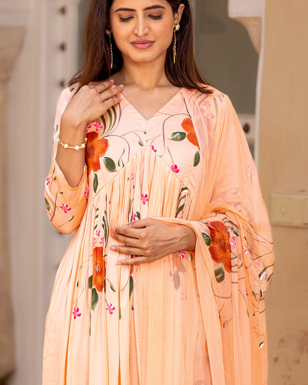 Peach Handpainted Anarkali Suit Set