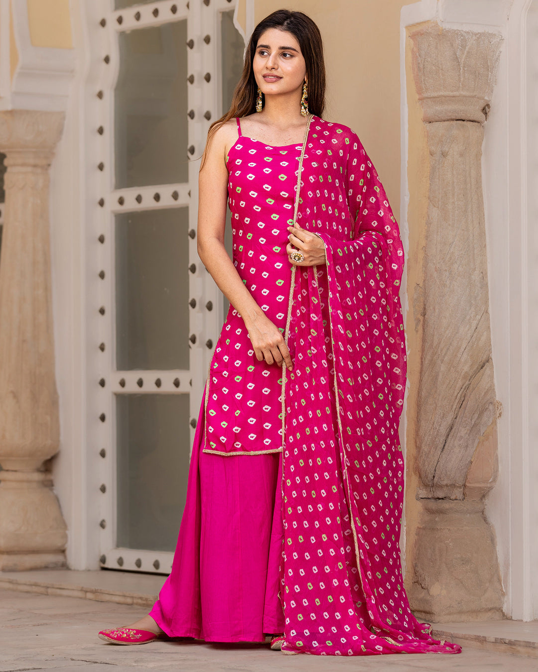 Pink Bandhej Muslin Sharara Suit Set