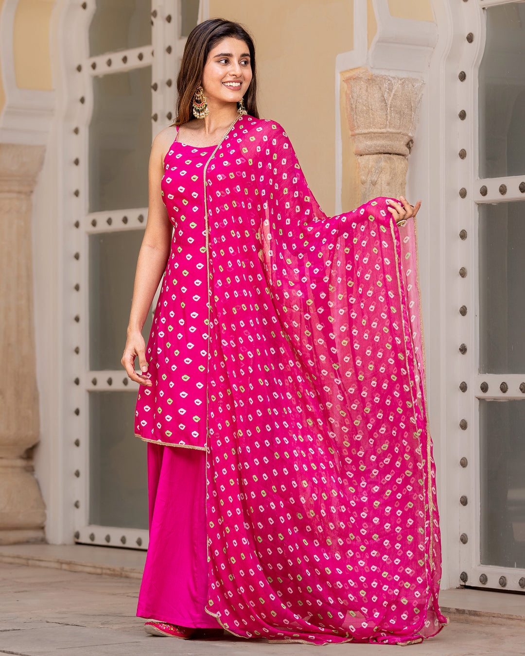 Pink Bandhej Muslin Sharara Suit Set