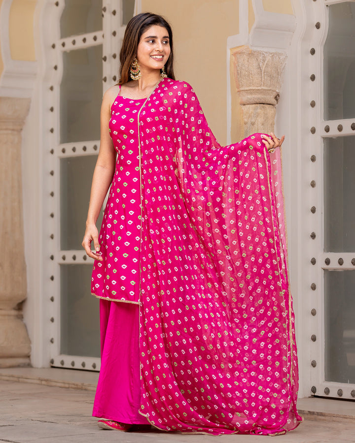 Pink Bandhej Muslin Sharara Suit Set