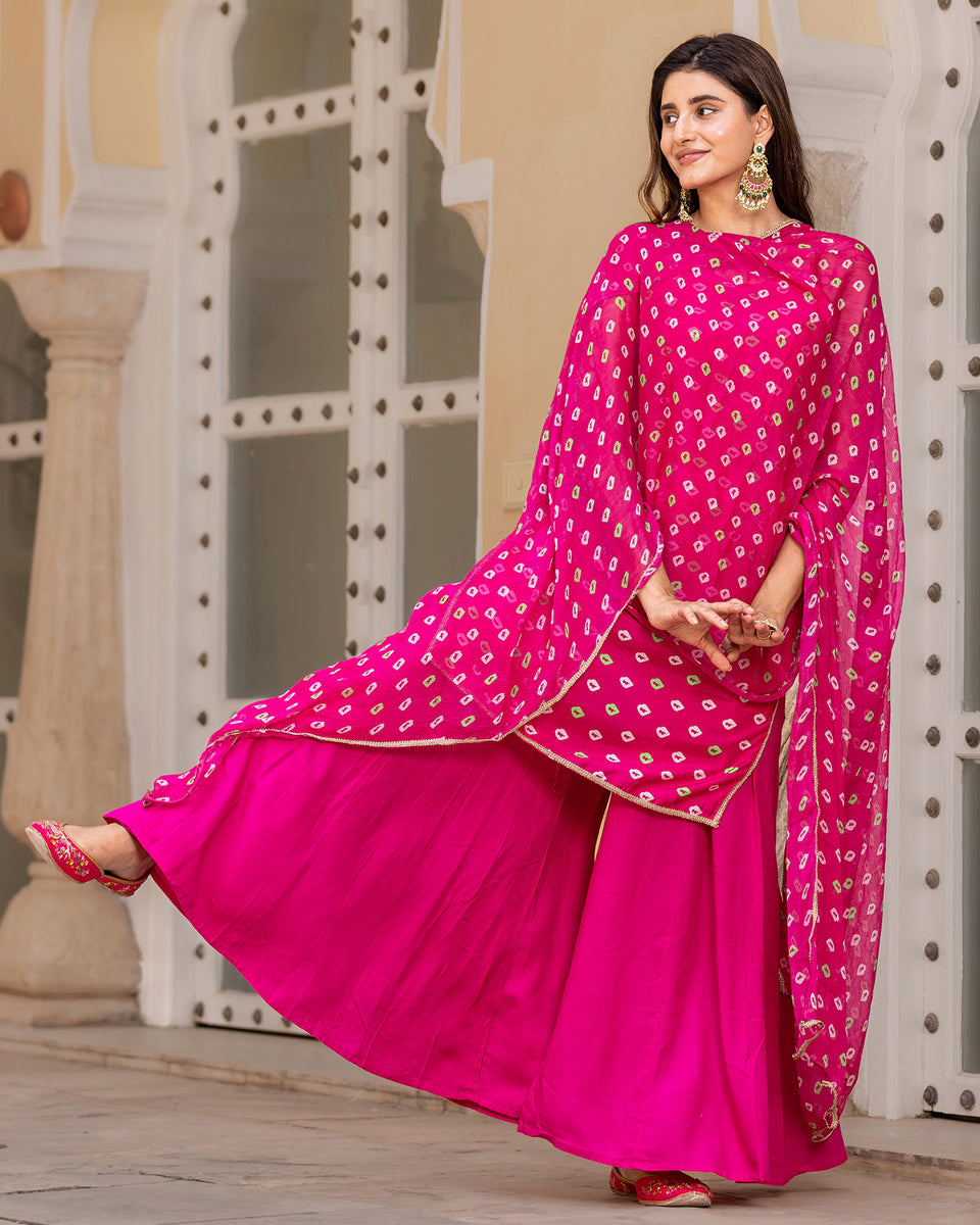 Buy Pink Bandhej Muslin Sharara Suit Set online in India