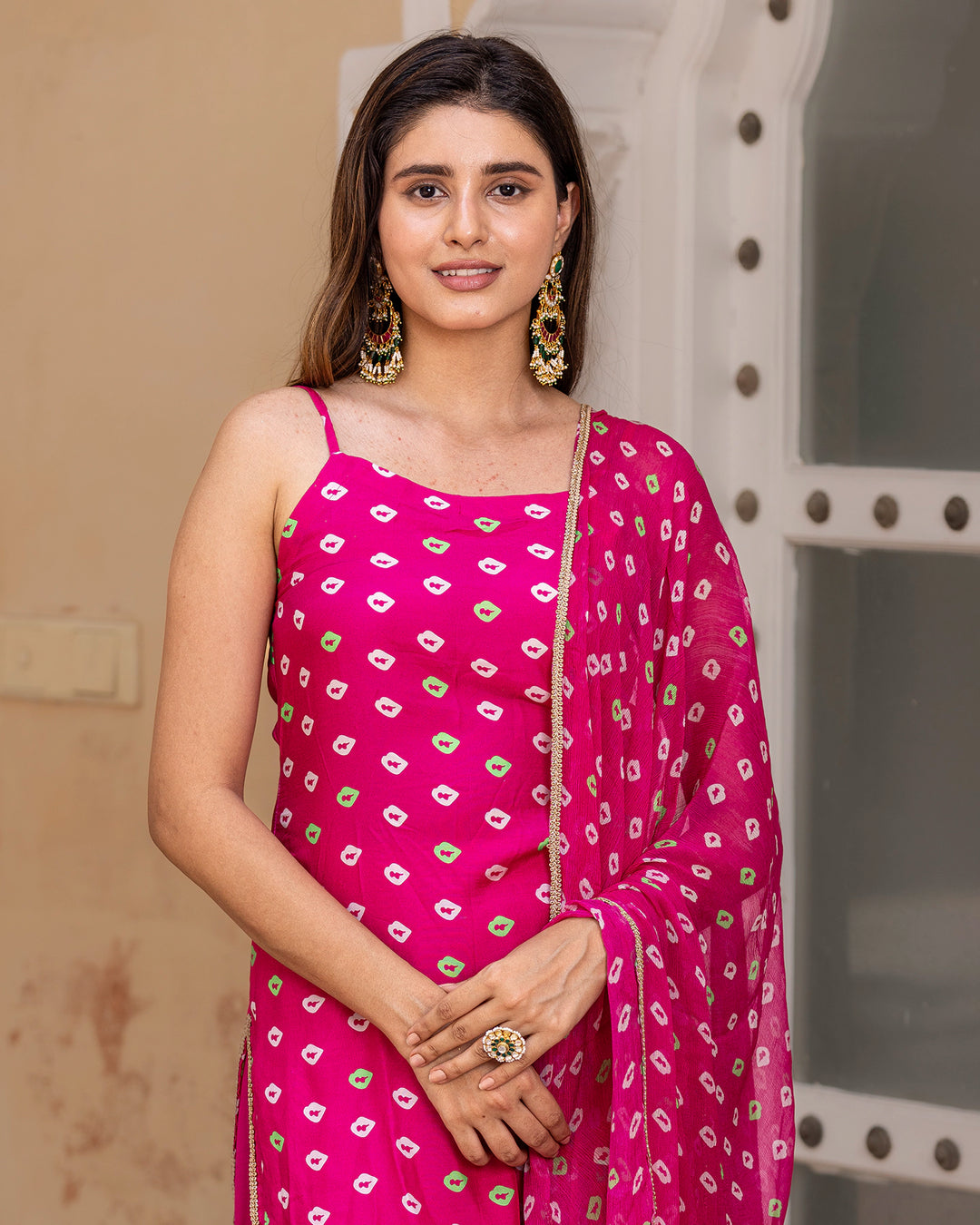 Pink Bandhej Muslin Sharara Suit Set