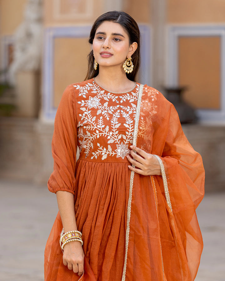 Rust Kaccha-gota Anarkali Suit Set