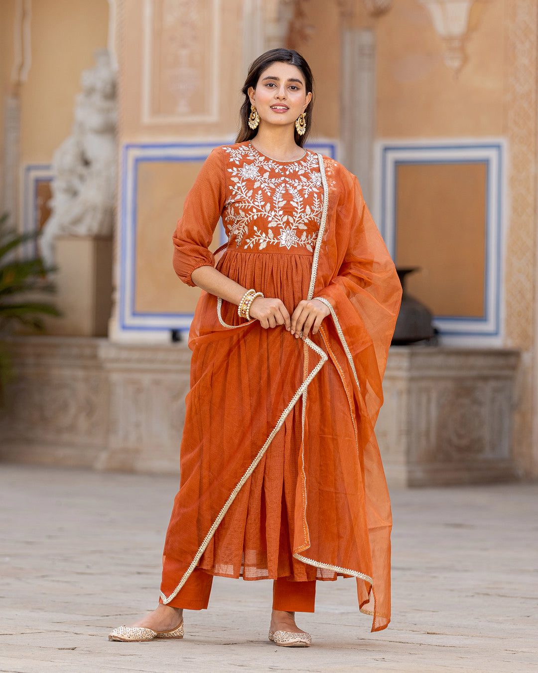 Rust Kaccha-gota Anarkali Suit Set