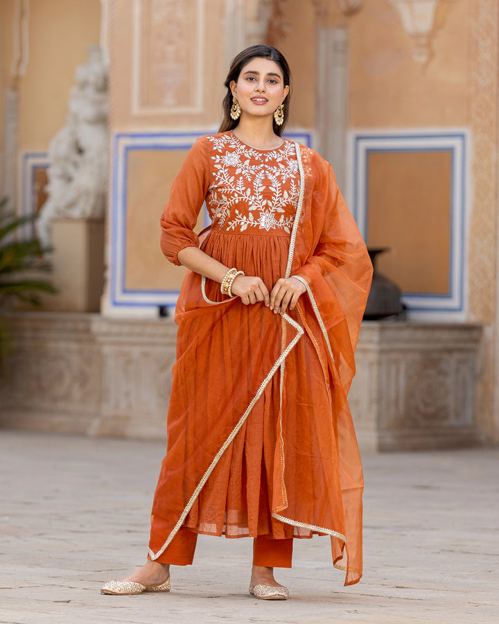 Rust Kaccha-gota Anarkali Suit Set