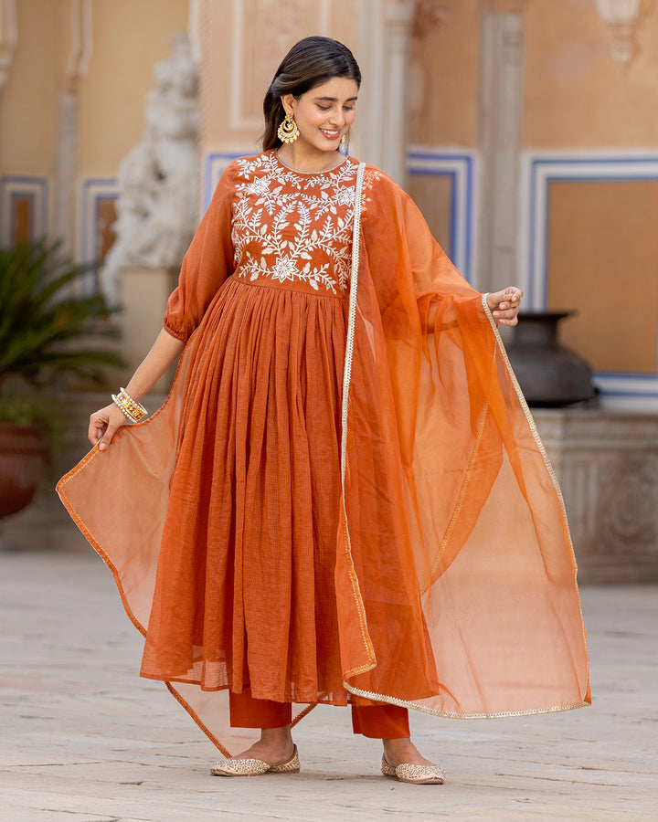 Rust Kaccha-gota Anarkali Suit Set