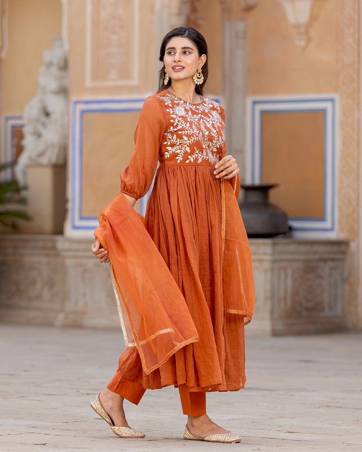 Rust Kaccha-gota Anarkali Suit Set