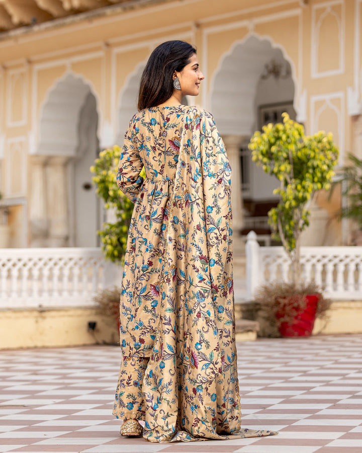 Beige Kalamkari High-Slit Suit Set