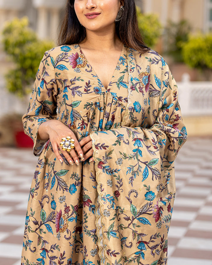 Beige Kalamkari High-Slit Suit Set