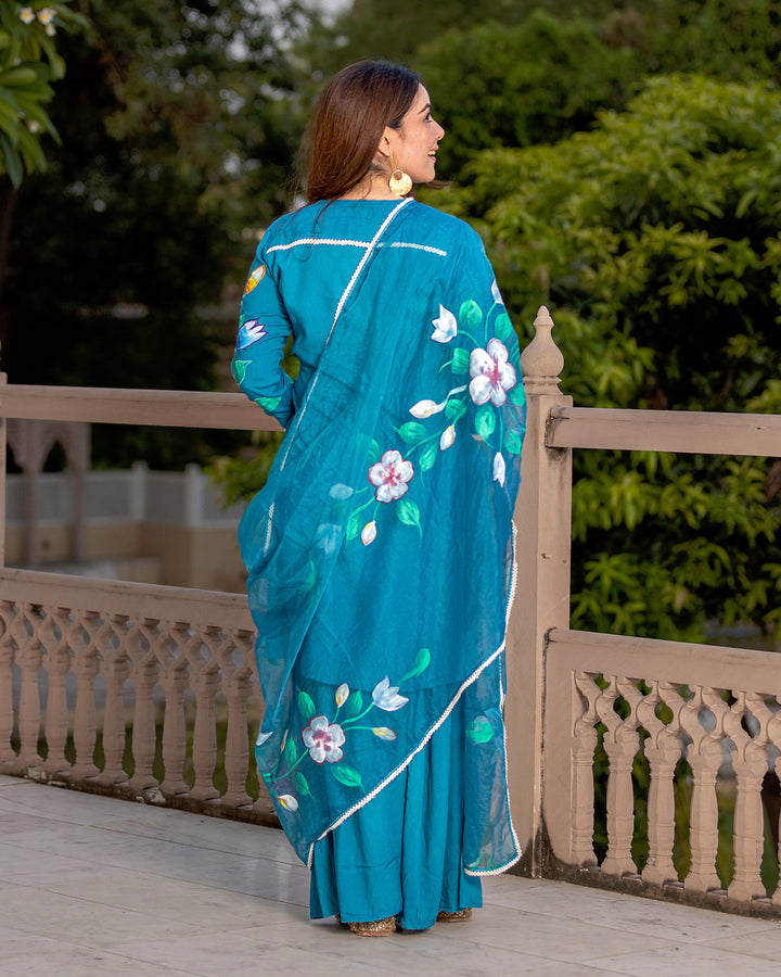 Teal Handpainted Floral Sharara set