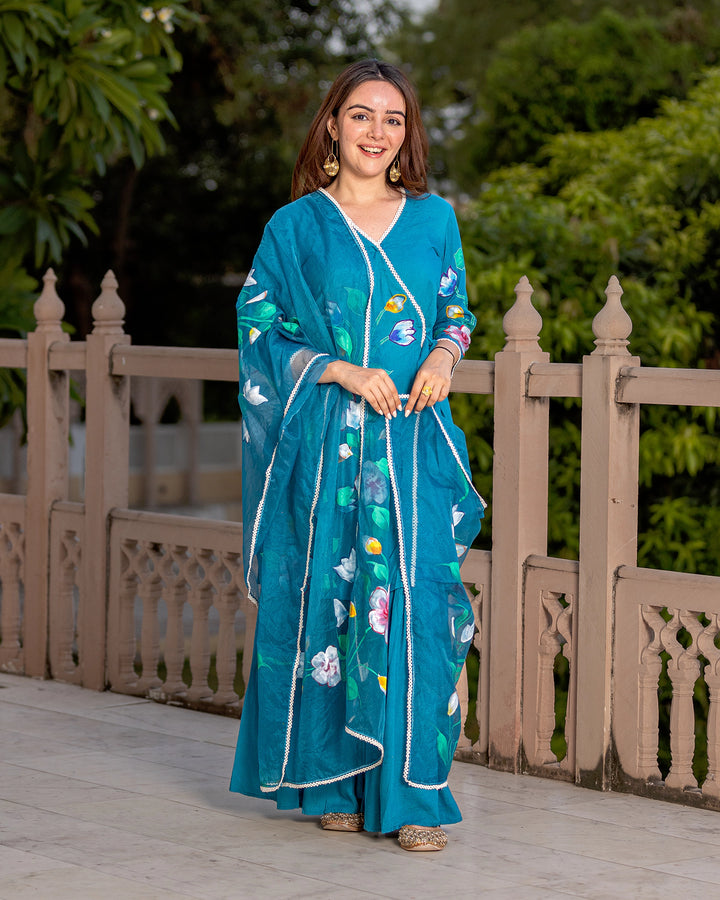 Teal Handpainted Floral Sharara set