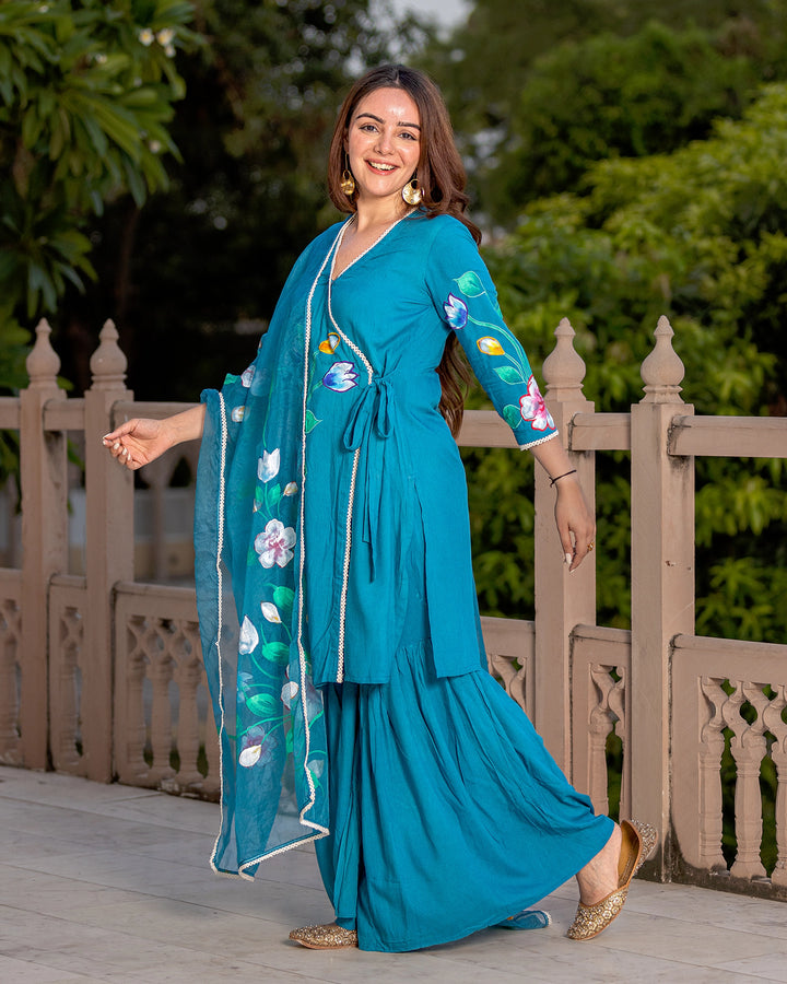 Teal Handpainted Floral Sharara set