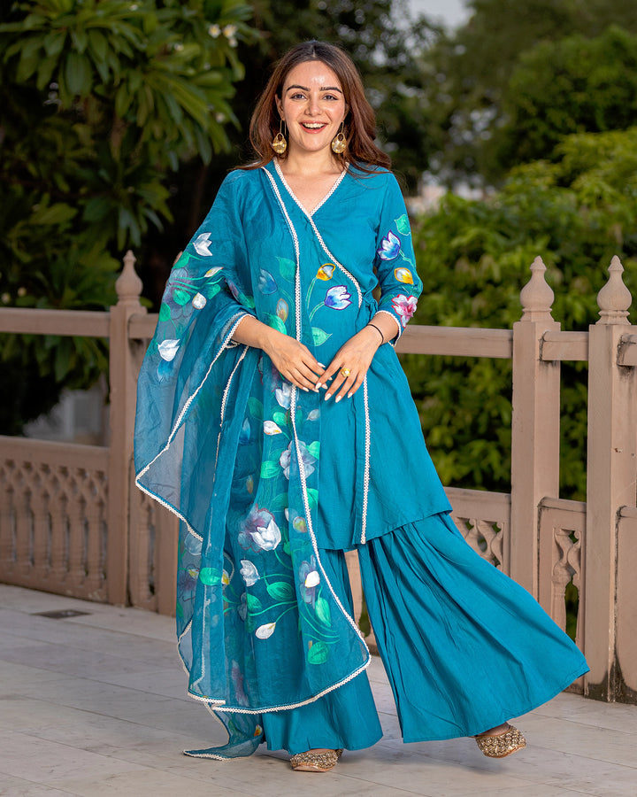 Teal Handpainted Floral Sharara set