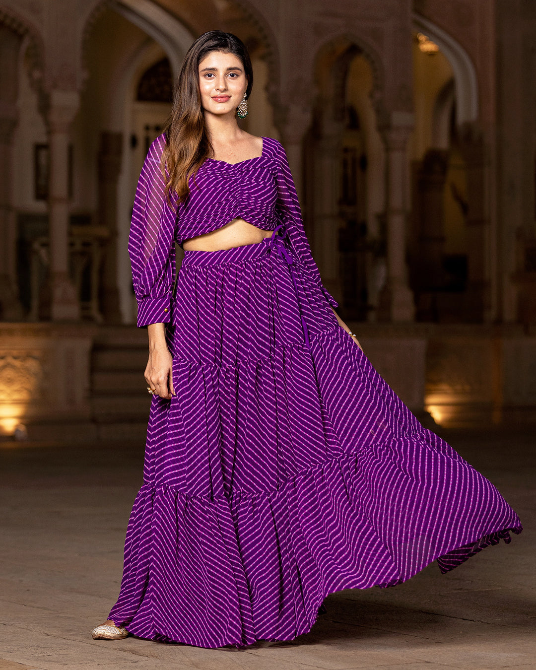 Purple Leheriya Top & Skirt Set