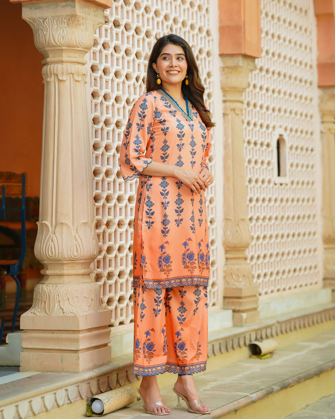 Peach Floral Muslin Kurta Set